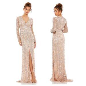 MAC DUGGAL Embellished Long Sleeve Evening Gown in Rose Gold Size US 6